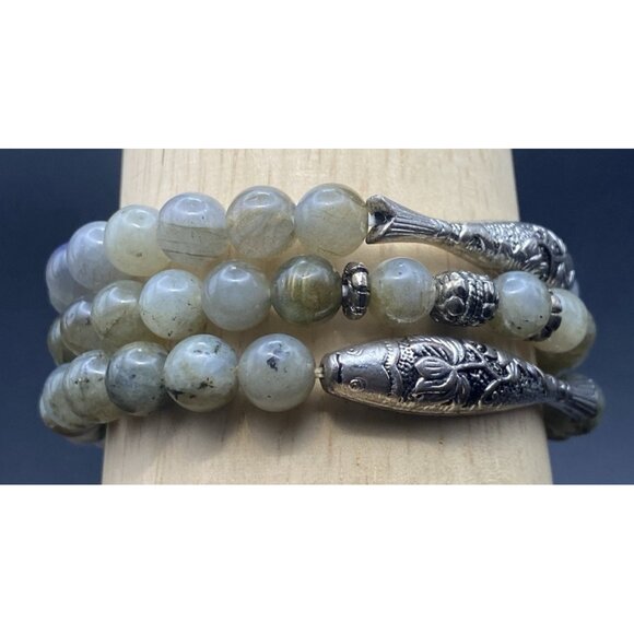Set 3 Natural Labradorite 8 mm Stretch Bracelets Silver Tone Koi Fish Tube Bead - Picture 12 of 13